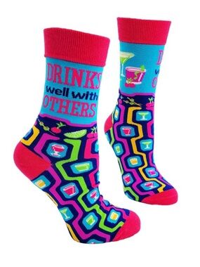 •Drinks Well With Others• Multicolor Funny Unisex Cocktail Novelty Crew Socks
